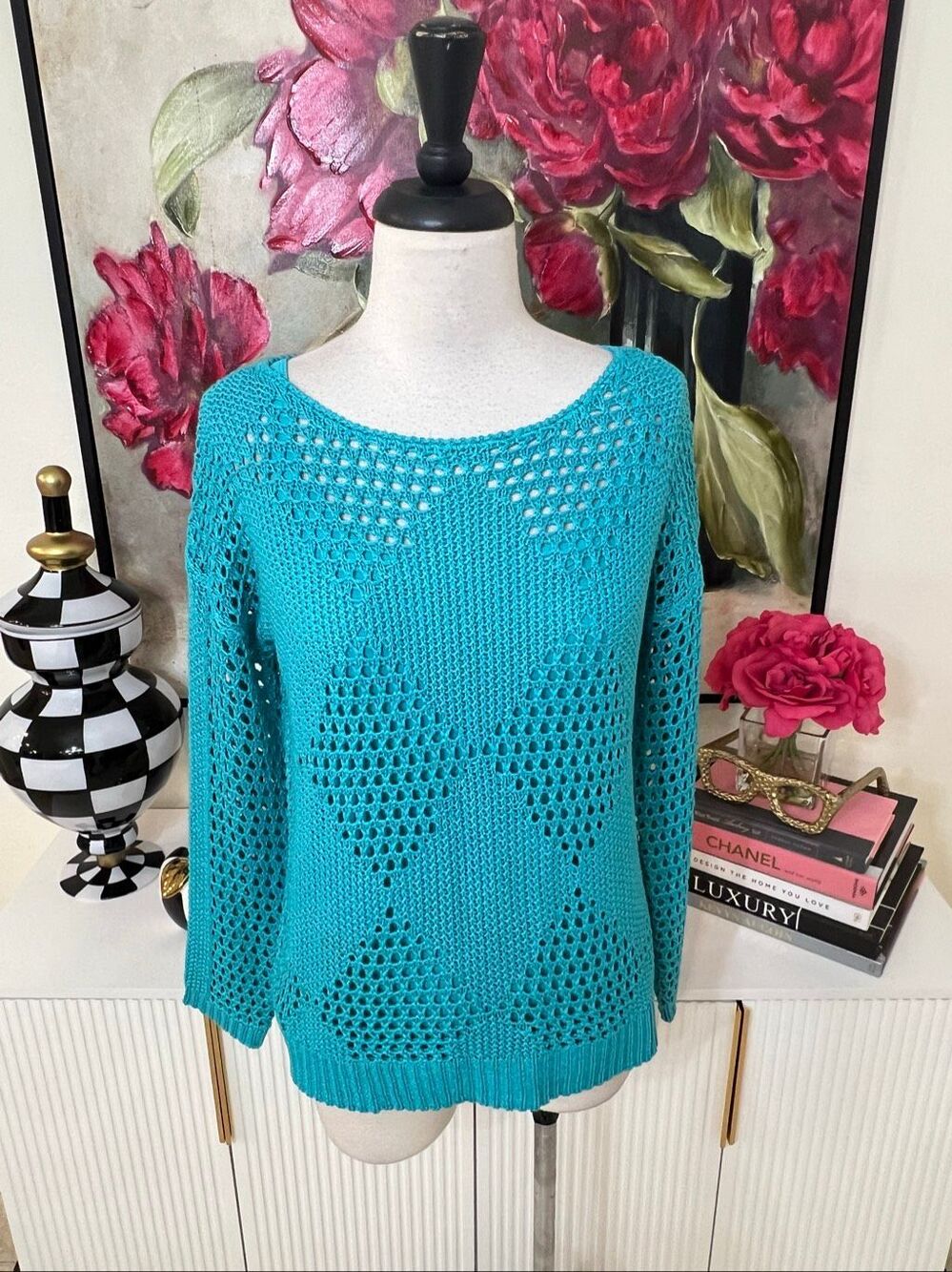 Marble Women's Crochet Open Knit And Cami Tank Sweater Set Aqua Blue Size XS